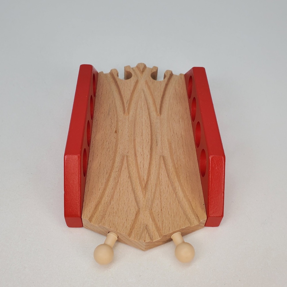 Wooden Railway Double Track Bridge Red Railing Train Set Accessory